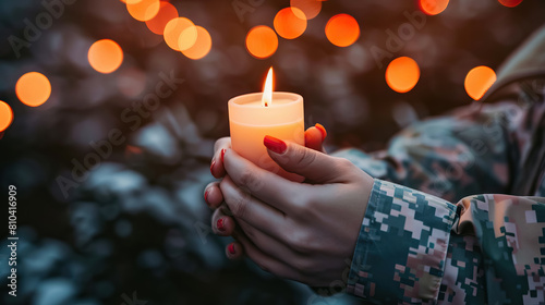  military spouse holding a candle at a remembrance ceremony, honoring the sacrifices of service members and their families who have made the ultimate sacrifice. photo