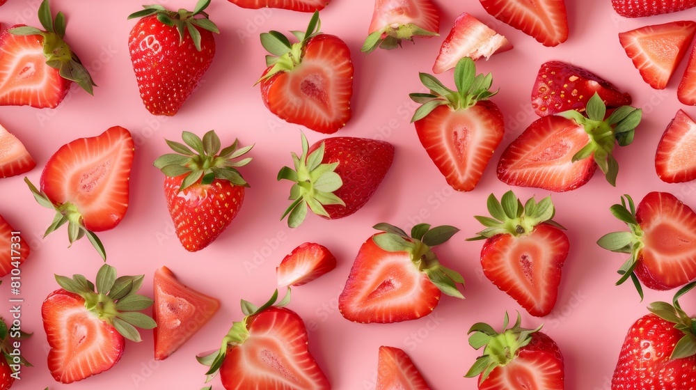 Playful arrangement of strawberry slices and whole strawberries on a bright pink pastel background, studio-lit and shot from above