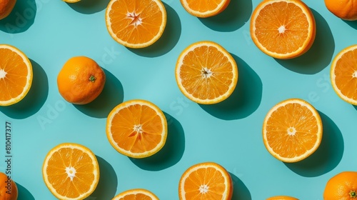 Playful arrangement of orange slices and whole oranges in a grid-like pattern, with a cyan background, isolated under studio lighting