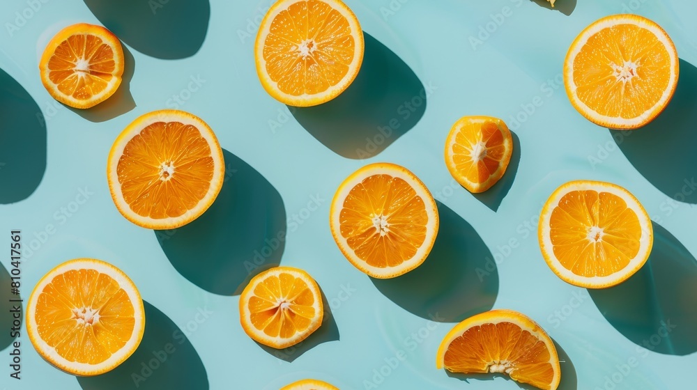 Overhead view of oranges and slices in a unique pattern on a cyan background, studio lights highlight the bright contrast