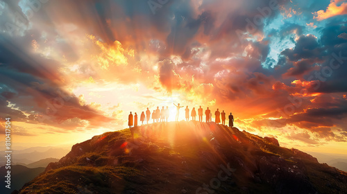 a group of believers standing on a hilltop at sunrise for Ascension Day background. photo