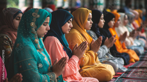 Muslim women praying in the mosque during the celebration of Eid Mubarak