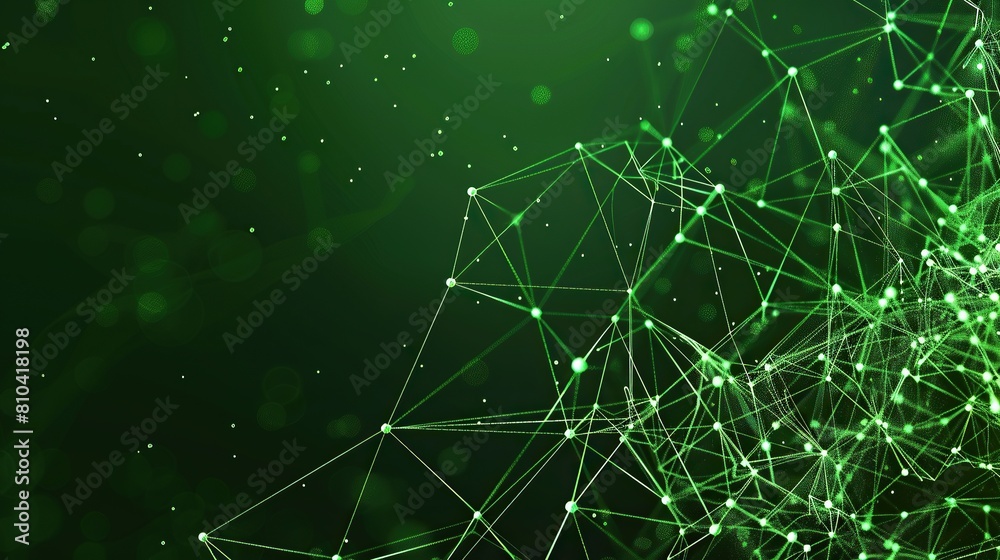 Fototapeta premium A complex glowing green dot network interconnected with thin lines over a background that fades from forest green to black with a dedicated space for text