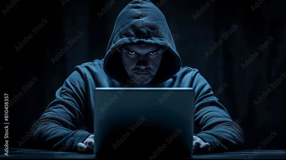 Portrait of a dangerous hacker in a dark room using a laptop.