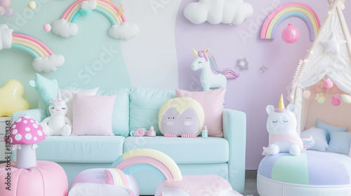 Use soft pastel colors for furniture and decor elements unicorn figurines or mushroom. Generative Ai © Kharismafajar