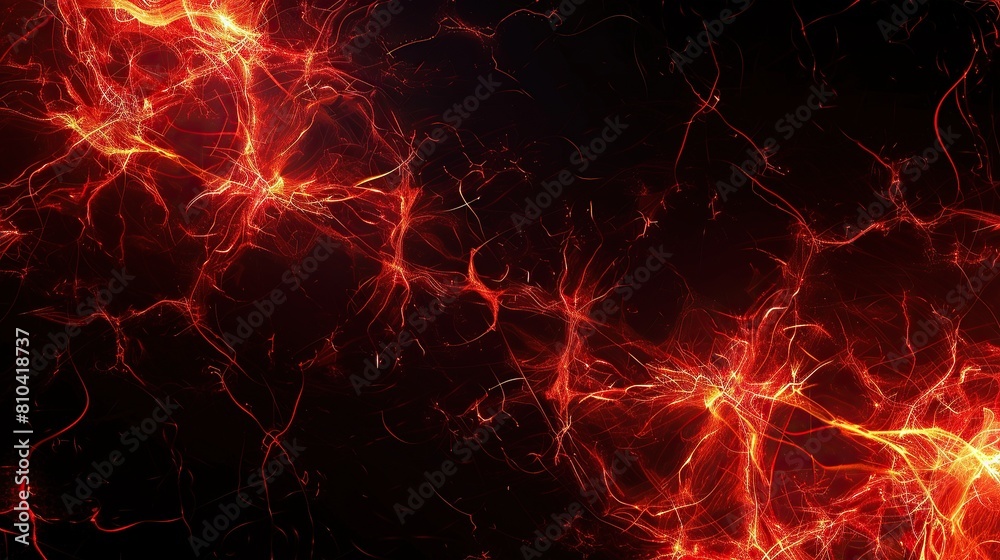 Obraz premium A complex pattern of glowing red and orange lines forming an abstract fire network over a pitch-black canvas with a clear space designated for text on the upper left