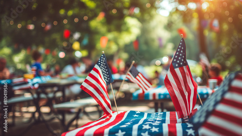 Composition of American flags placed on tables at an outdoor event, with people gathered around, patriotic, hd, 4th July, with copy space photo