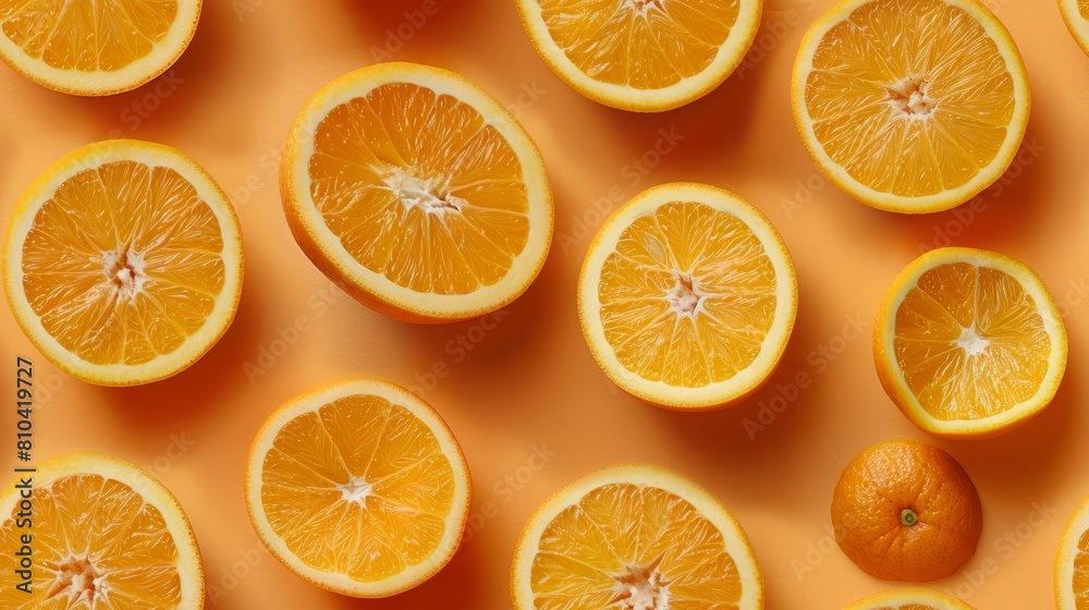 Isolated close-up view of whole and sliced oranges forming a lively pattern, perfectly lit on a bright orange backdrop Isolated close-up view of whole and sliced oranges forming a lively pattern, perfectly lit on a bright orange backdrop
