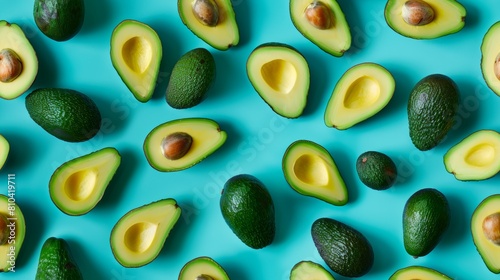 Isolated view of a creative pattern of avocado slices and whole avocados on a bright cyan background, highlighting freshness