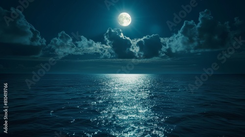 Intricate close-up of moonlight reflecting over the ocean's surface at night, forming a shimmering glow, clouds enhancing the magic