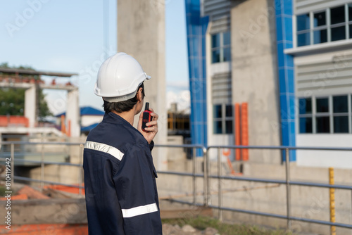 maintenance and inspector. Maintenance engineers are using walky talky to inform the results of inspection of buildings and structures. Irrigation engineers are exploring sluice systems © Shisu_ka