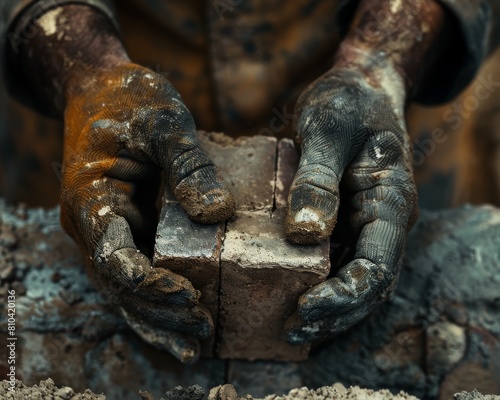 A construction worker's hands holding a brick.