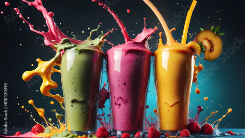 Smoothies, Healthy and vibrant smoothie. Capture dramatic smoothie splash. Creative Dynamic compotition vary angle. Macro Food photography, taken by very high tech expensive camera. Eyecatching, mouth photo