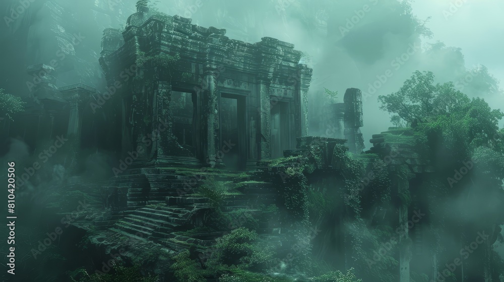 Forgotten temples rising through dense fog on a misty mountain, surrounded by overgrown paths and ancient ruins of the past