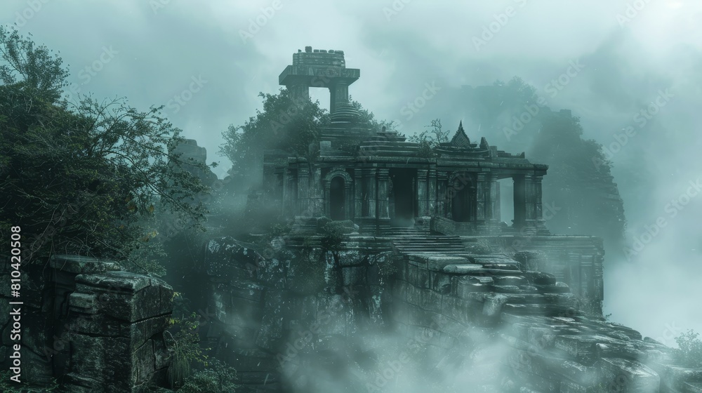 Forgotten temples rising through dense fog on a misty mountain, surrounded by overgrown paths and ancient ruins of the past