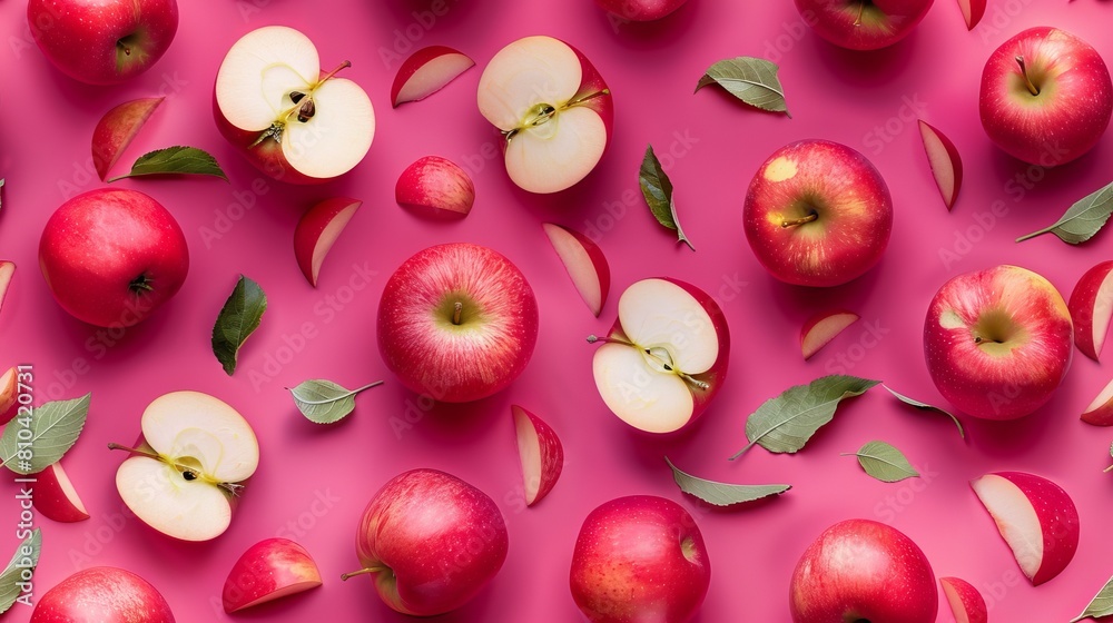 Close-up overhead shot of whole and sliced apples in a whimsical pattern, vibrant magenta background, isolated under studio lighting Close-up overhead shot of whole and sliced apples in a whimsical pattern, vibrant magenta background, isolated under studio lighting