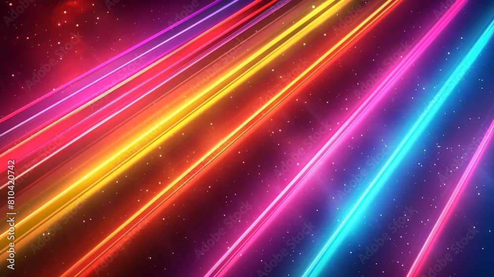 A colorful, neon-lit background with a series of lines and stars