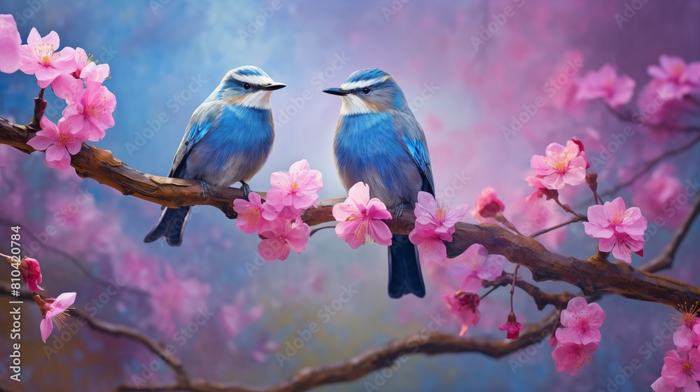 Two blue birds on the branch