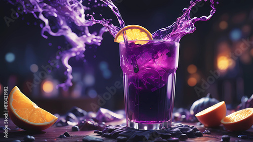 vibrant glowing purple drink, in the style of a product hero shot in motion, dynamic magazine ad image, photorealism, sleep and mystical elements around the background photo