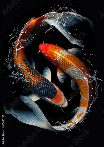 top view of couple koi fish swiming in yin yang shape on black background photo