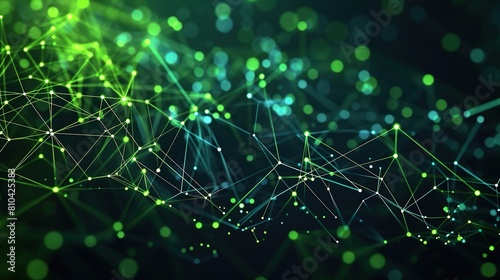 A digital tapestry of neon lime and dark green dots interconnected by vibrant glowing lines on a black canvas optimized for a high-definition display with a designated space for text on the upper half