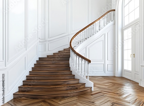 Beautiful wooden staircase in the empty living room of an old house with white walls and parquet floor