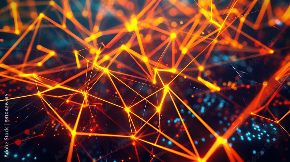 A dynamic and colorful plexus pattern of neon orange and yellow lines on a dark canvas specifically arranged to leave ample room for text in the upper third of the image A dynamic and colorful plexus pattern of neon orange and yellow lines on a dark canvas specifically arranged to leave ample room for text in the upper third of the image