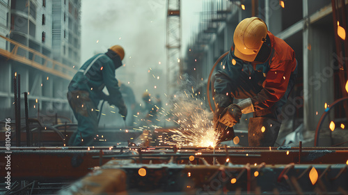 Welders working diligently on a construction site, sparks flying photo