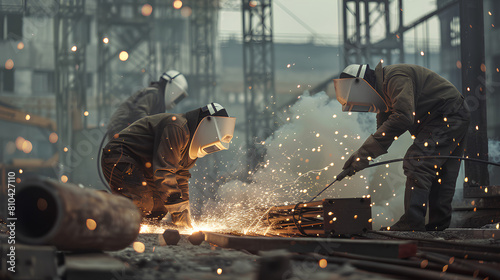 Welders working diligently on a construction site, sparks flying