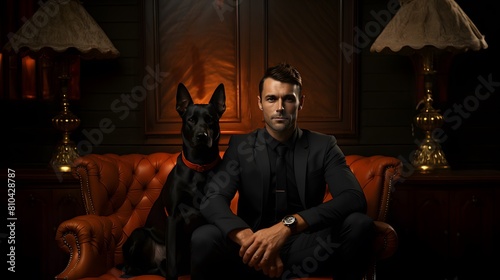 Business man and doberman dog sitting on black sofa