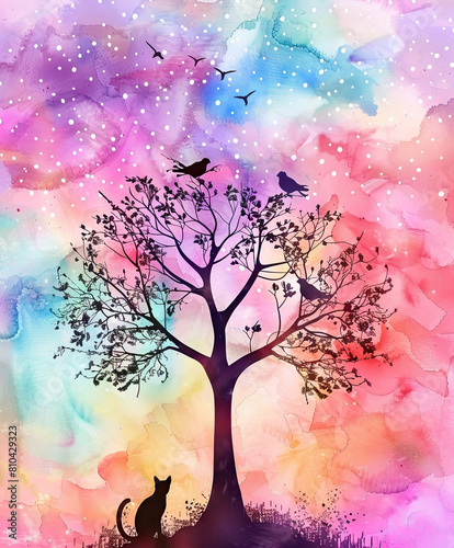 Pretty feminine pastel colour landscape sky with a black silhouette of birds sitting in a tree with an opportunistic black cat underneath. photo