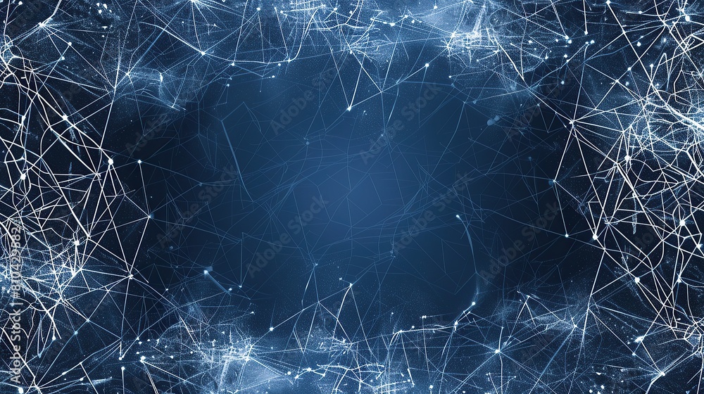 A futuristic backdrop of interconnected cyan and white lines over a navy blue canvas creating a digital plexus effect with a clear unobstructed area in the center for text A futuristic backdrop of interconnected cyan and white lines over a navy blue canvas creating a digital plexus effect with a clear unobstructed area in the center for text