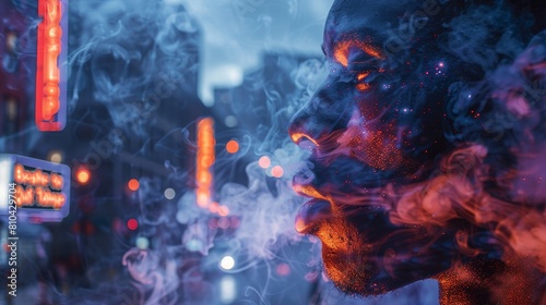 A man smokes in a city street with a sign that says 