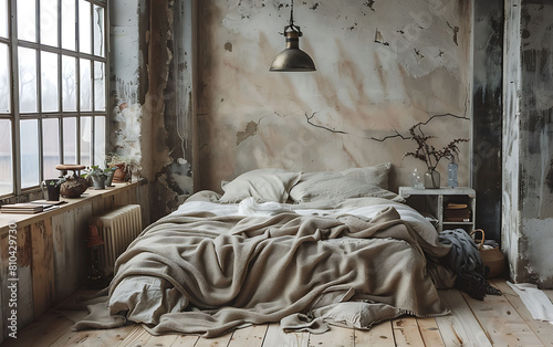 Empty rustic bed draped in cozy blankets under industrial pendant lamp