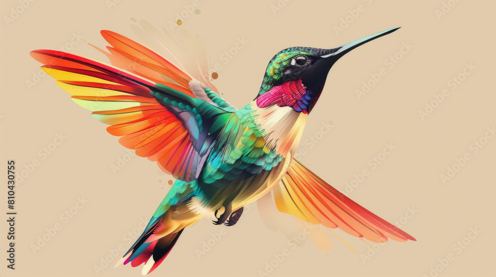 Fototapeta premium Digital artwork of a vibrant hummingbird with dynamic color splashes, ideal for modern decor.
