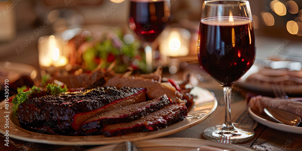 the perfect Brisket, showcasing its juicy texture and rich smoky color on an elegant table setting with side dishes like salad, generative AI the perfect Brisket, showcasing its juicy texture and rich smoky color on an elegant table setting with side dishes like salad, generative AI