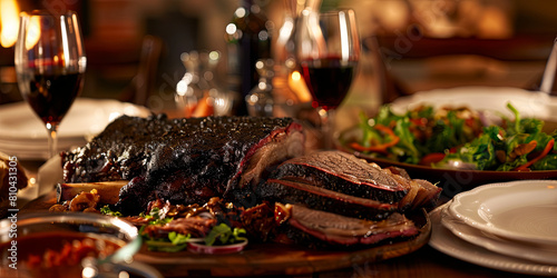 the perfect Brisket, showcasing its juicy texture and rich smoky color on an elegant table setting with side dishes like salad, generative AI