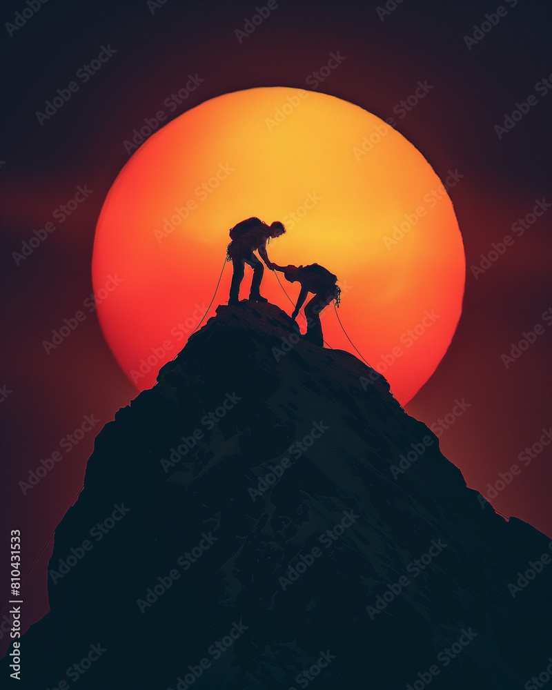 The struggle of two climber friends who help each other to reach the top of the mountain against the sun at sunset. An illustration of togetherness in achieving success
