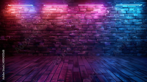 A brick wall with glowing neon lights in blue and purple  creating an atmospheric background for product photography. 