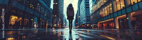 A woman stands alone in the city, feeling lost and alone photo