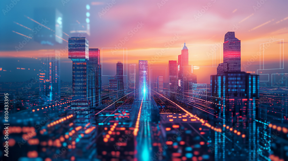 Futuristic cityscape with illuminated skyscrapers, digital elements, and a vibrant sunset sky.