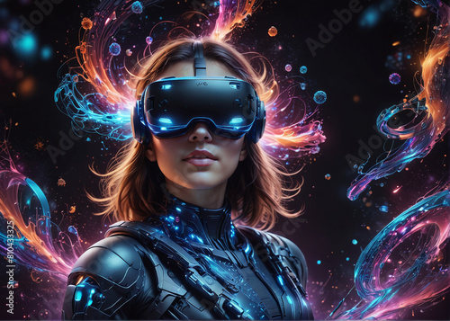 Young woman experience VR headset is using augmented reality eyeglasses © rodrigo