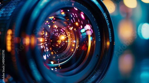 A closeup of the camera lens captures the sharp focus and intricate details that make up each frame in high-definition video production. 