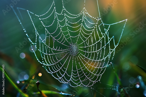 Showcase the intricate details of a spider's web in the morning dew