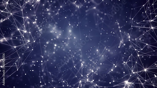 A network of thin silver-white lines connecting small bright points on a deep dark indigo background forming a galaxy-like plexus structure with a clear unobstructed area for text