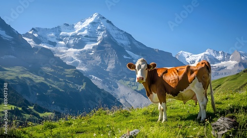 A cow in the Swiss Alps, surrounded by green meadows and snowcapped mountains under clear blue skies.
