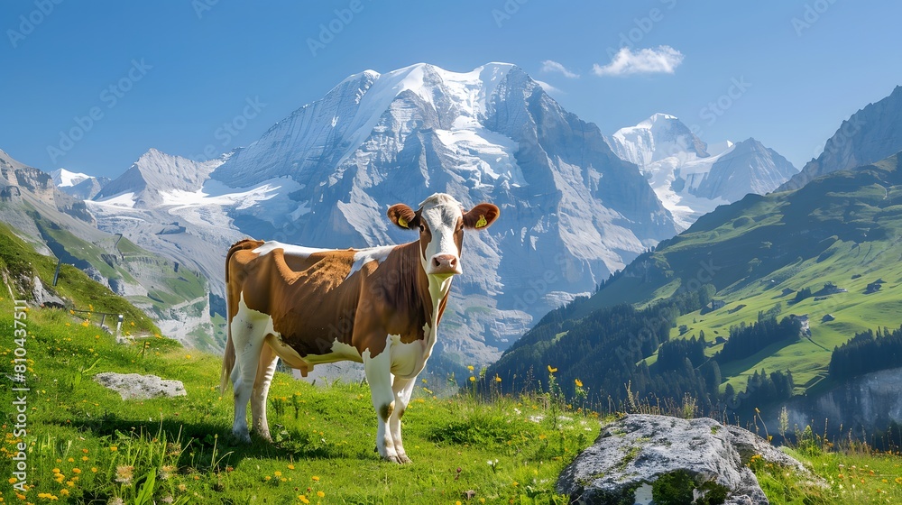 A cow in the Swiss Alps, surrounded by green meadows and snowcapped mountains under clear blue skies.