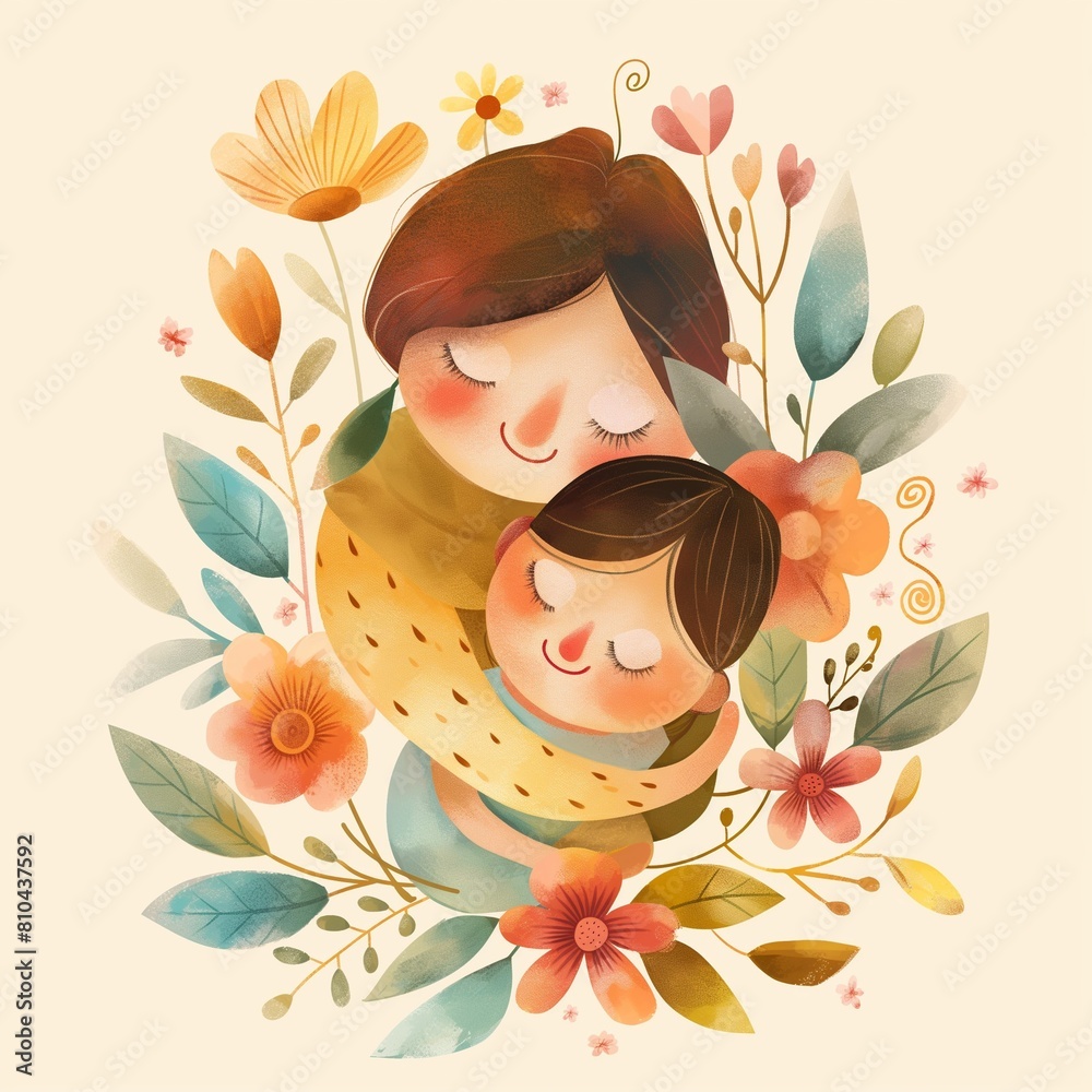 Una madre besando a su pequeño hijo, ambos rodeados de flores Stock ...
