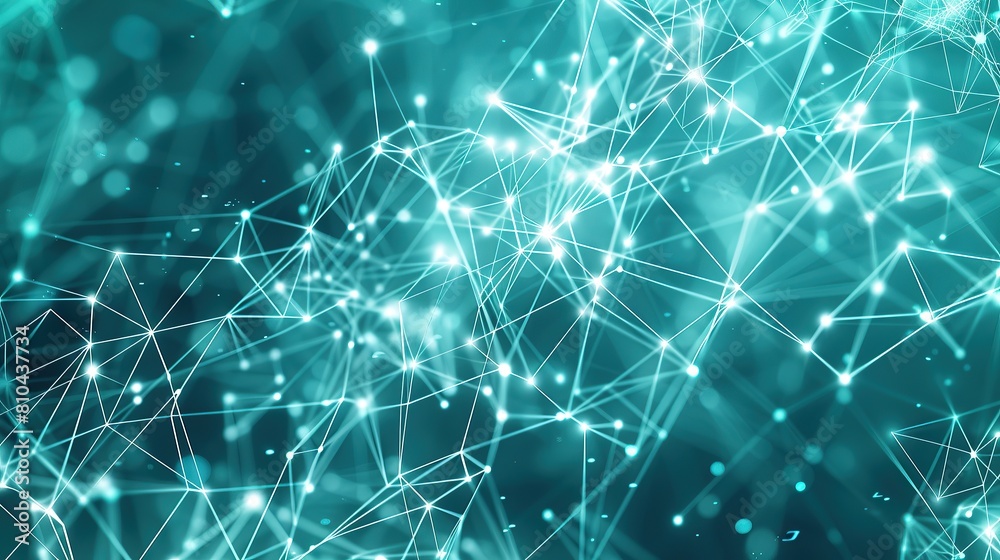 A soothing teal-colored backdrop with a dense network of white and blue glowing connections that create a serene plexus effect designed with a large area for text on the right side A soothing teal-colored backdrop with a dense network of white and blue glowing connections that create a serene plexus effect designed with a large area for text on the right side