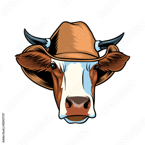 illustration of a cow wearing a cowboy hat in cartoon style